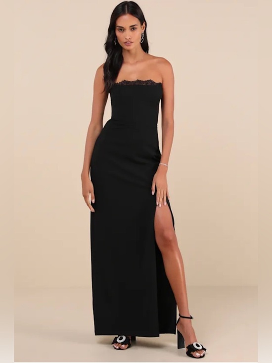 Lulus Dresses & Skirts - NWT Strapless Black Evening Gown with Lace Trim Neckline and Slit XL
